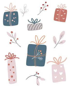 Gift Boxes set. Different colorful wrapped Christmas gift boxes. Festive deco Stock Illustration