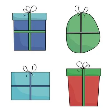 Gift boxes set, hand drawn doodle style. Birthday party. Stock Illustration