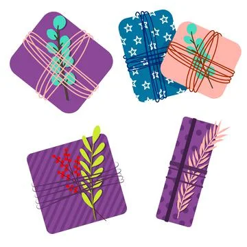 Gift boxes set, hand drawn doodle style. Birthday party. Vector illustration for Stock Illustration