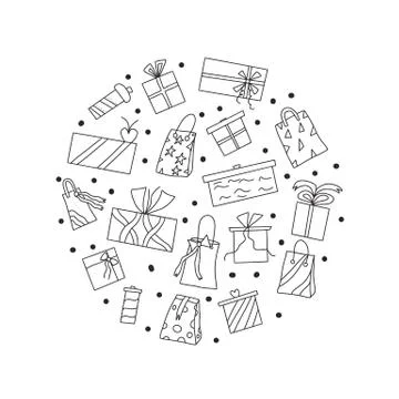 Gift boxes set isolated on white background. Giftware round composition. Holi Stock Illustration