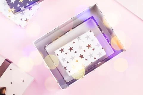 Gift boxes set on pink. Festive concept Stock Photos