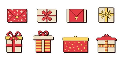 Gift boxes set pixel art style. 8 bit birthday presents. Cristmas giftbox in Stock Illustration
