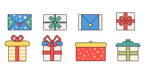 Gift boxes set pixel art style. 8 bit birthday presents. Cristmas giftbox in Stock Illustration