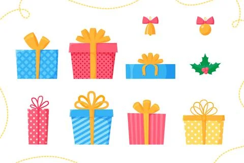 Gift boxes set. Presents and packages with ribbons and bows. Christmas decor Stock Illustration