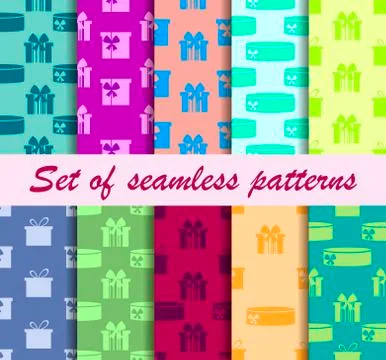 Gift boxes set of seamless patterns. Vector illustration Stock Illustration