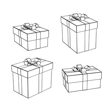 Gift boxes. Set. Vector line art. Realistic gift box, with a bow, isolated on a Stock Illustration