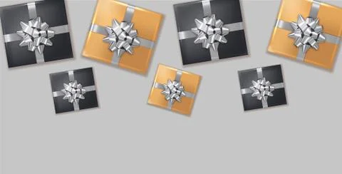 Gift boxes silver bow Vector realistic. Dark background confeti sparkle. Prod Illustrazione stock
