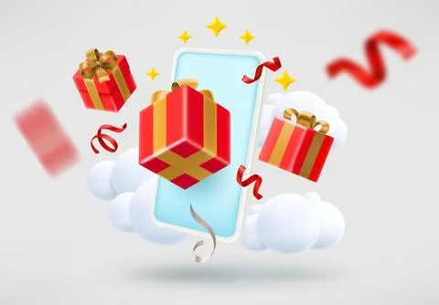 Gift boxes with smartphone. 3d vector illustration Stock Illustration
