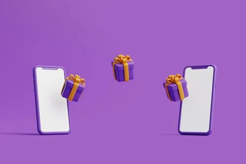 Gift boxes with smartphone on purple background. Halloween sale template Stock Illustration