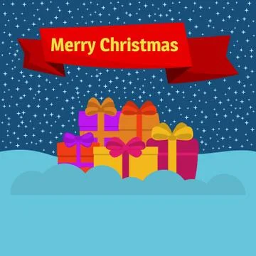 Gift boxes on snow and stellar sky and a red ribbon Stock Illustration