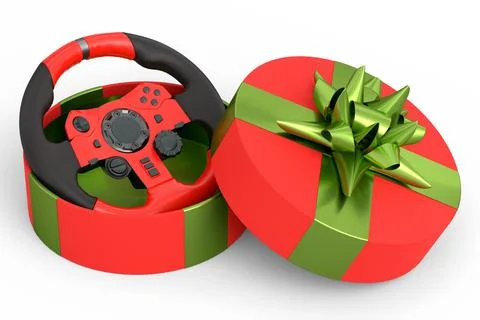 Gift boxes with steering wheel, ribbon and bow on white background Stock Illustration