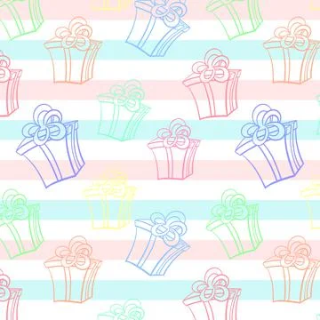 Gift boxes on a striped background, seamless pattern, vector illustration. Stock Illustration