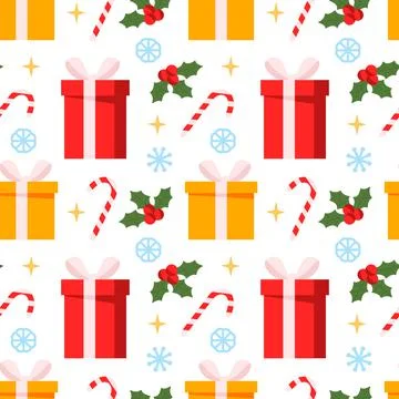 Gift boxes, sweets and snowflakes on a white background. Seamless pattern Illustrazione stock