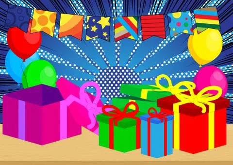 Gift boxes on a table, balloons on the background. Vector cartoon style illus 스톡 일러스트