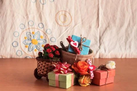 Gift boxes on table. Stock Photos
