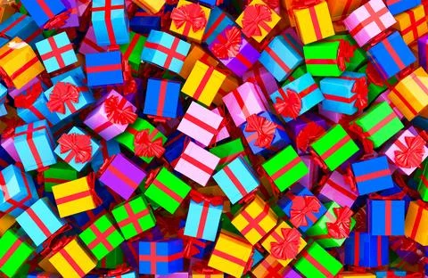 Gift boxes top view pile, background. 3D rendering Stock Illustration