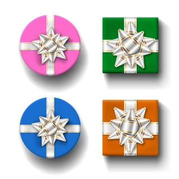 Gift boxes top view set, isolated white background. Silver ribbons bow on col Stock Illustration