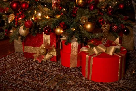 Gift boxes under the Christams tree Stock Photos