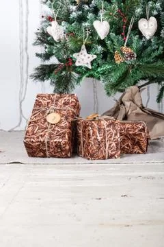 Gift boxes under christmas tree Stock-Fotos