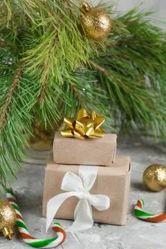 Gift boxes under christmas tree Stock Photos