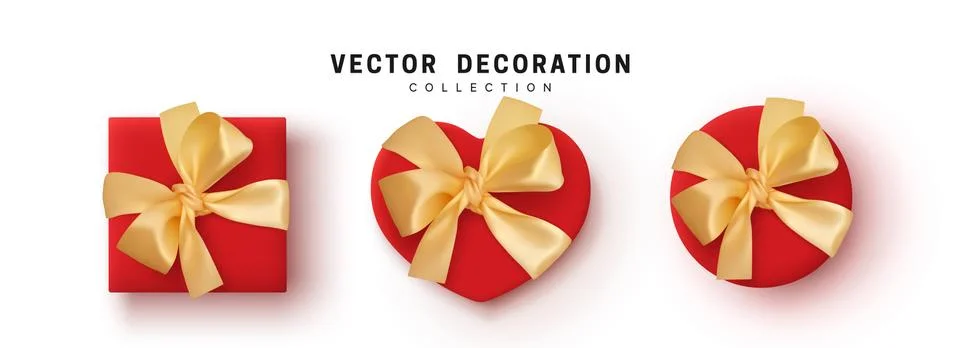 Gift Boxes Vector. Set Festive Realistic Objects. Red Gift Box tied ribbon bo Stock Illustration