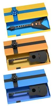 Gift boxes in vibrant colors with electric and acoustic guitars inside, iso.. 스톡 일러스트
