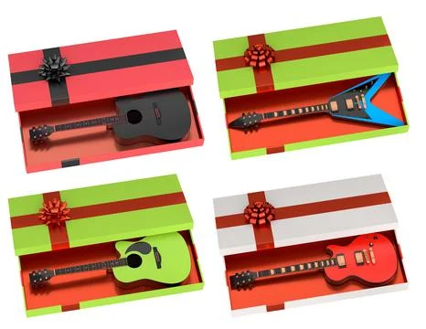 Gift boxes in vibrant colors with electric and acoustic guitars inside, iso.. Illustrazione stock