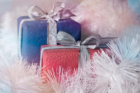 Gift Boxes on White Background. Christmas Concept Stock Photos