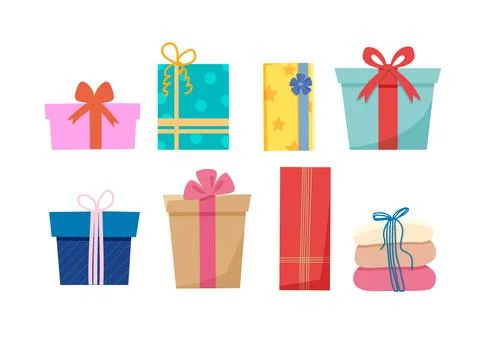 Gift boxes on white isolated background. Colored wraped presents with ribbons Illustrazione stock