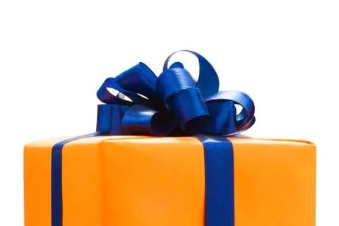 Gift boxes wrapped in Orange paper, blue color ribbon and bow ,Isolated on wh Foto stock
