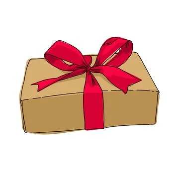 A gift brown box with a red ribbon tied around it issolated on white.party Birth Stock Illustration