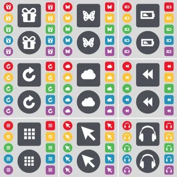 Gift, Butterfly, Battery, Reload, Cloud, Rewind, Apps, Cursor, Headphones icon s Stock Illustration