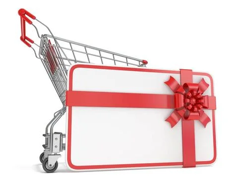 Gift card with blank space for text and shopping cart. 3D Gift card with b... Stock Photos