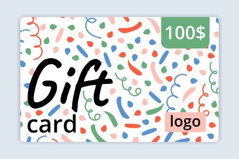 Gift Card with Confetti backdrop for retail store sale. 100 dollars Voucher.. Stock Illustration