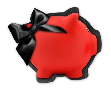 Gift card label in the shape of a red piggy bank with black glitter ribbon bo Stock-Fotos