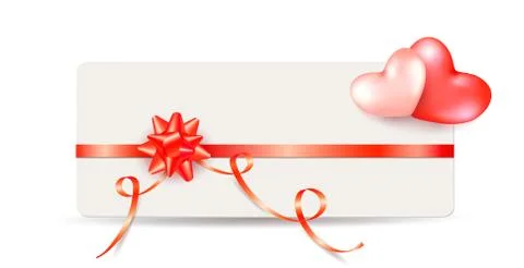 Gift card note with shiny red gift bow and ribbons with two hearts Stock Illustration