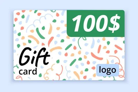 Gift Card template with Confetti. 100 dollars Voucher. Present certificate .. Stock Illustration