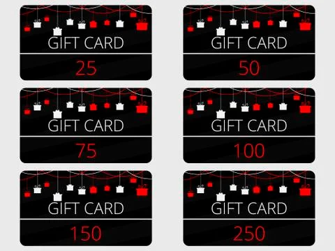 Gift cards with hanging gift boxes. Red and black color. Vector illustration Stock Illustration