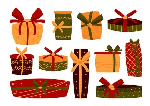 Gift cartoon retro boxes present ribbon vector set Stock Illustration
