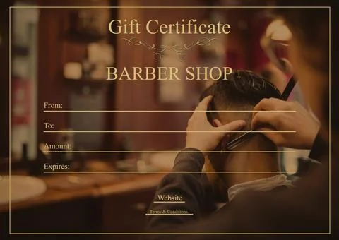 Gift certificate, barber shop text and detail space over caucasian female barber Stock Photos