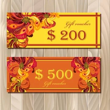 Gift certificate card template with peacock feathers design. Stock Illustration