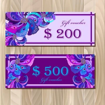 Gift certificate card template with peacock feathers design. Stock Illustration