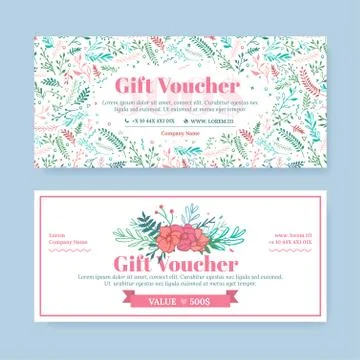 Gift certificate with delicate painted flowers in boho style. Stock Illustration