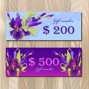 Gift certificate printable card template with purple iris flower design. Stock Illustration