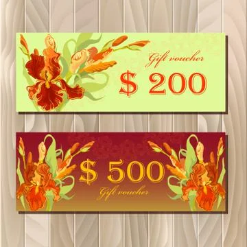 Gift certificate printable card template with red iris flower design. Stock Illustration