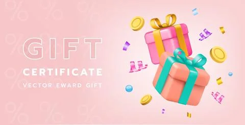Gift certificate. Realistic isolated glossy present. Render birthday symbol.. Stock Illustration