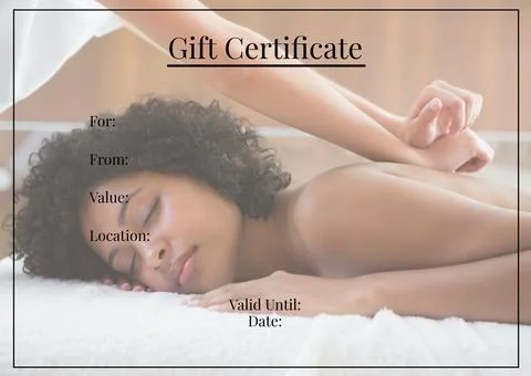 Gift certificate text with blank space for details in black over biracial woman Stock Photos