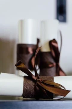 Gift Certificate , three close up of paper scroll with brown ribbon. Foto stock