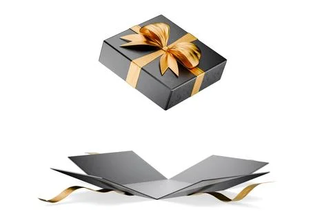 Gift certificate. Valentine's Day. Open dark gift box with gold ribbons. Ch.. Illustrazione stock