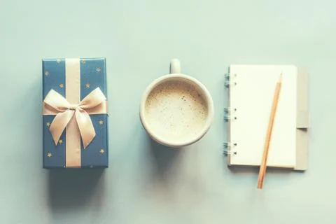 Gift coffee notebook flatlay Stock Photos